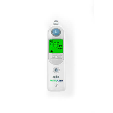 Braun Welch Allyn eyrnahitamælir sýnir 98.6°F á skjá