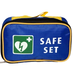 Blá hjartahlauparataska með AED merki og Safe Set texta