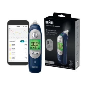 Braun Thermoscan 7+ Connect eyrnahitamælir með bluetooth, mælir við hlið umbúða og síma